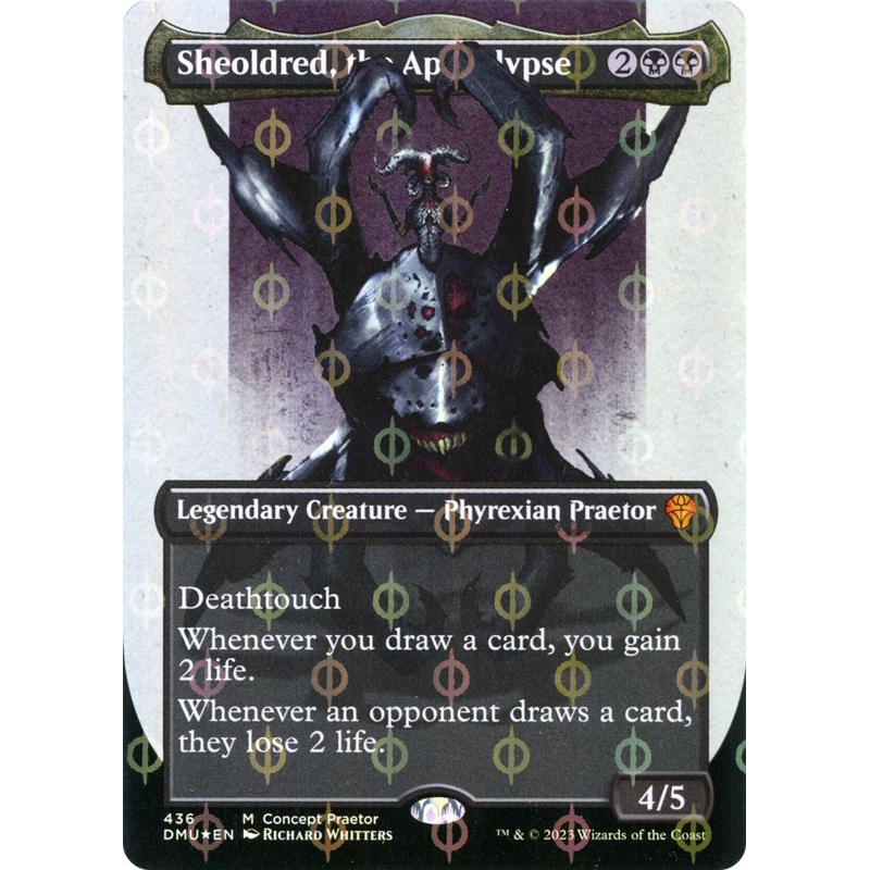 Sheoldred, the Apocalypse (Borderless Concept Praetors Step-and-Compleat Foil) [Phyrexia: All Will Be One]
